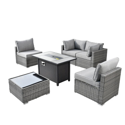 XIZZI 6-piece Patio Furniture Set Outdoor Sectional Rattan Sofa with Firepit
