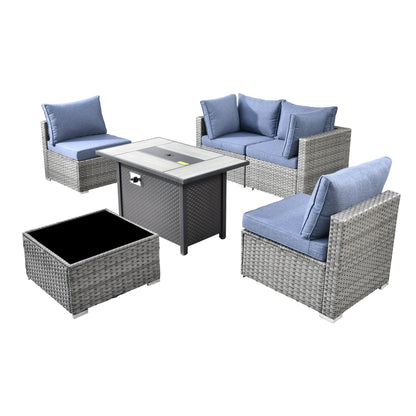 XIZZI 6-piece Patio Furniture Set Outdoor Sectional Rattan Sofa with Firepit