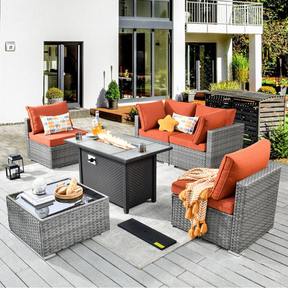 XIZZI 6-piece Patio Furniture Set Outdoor Sectional Rattan Sofa with Firepit