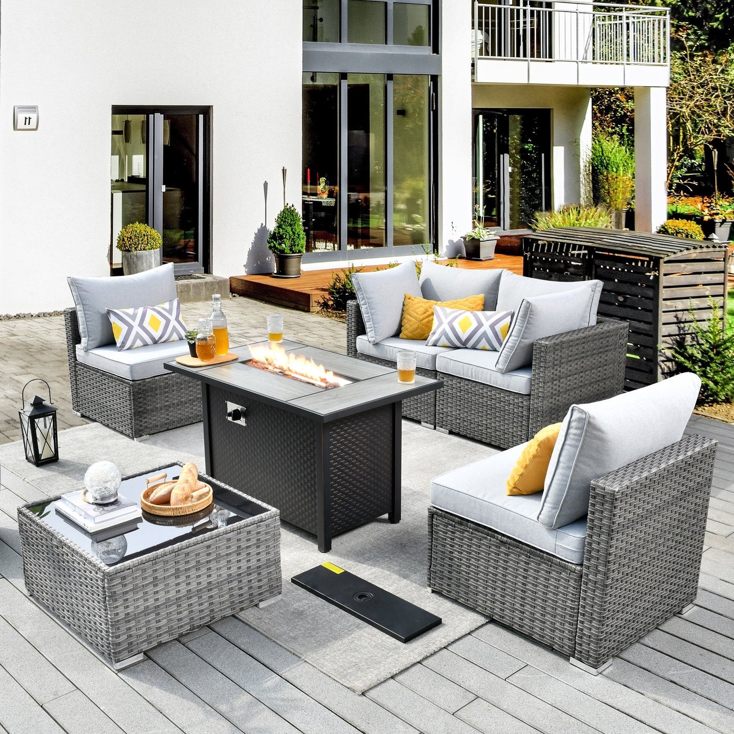 XIZZI 6-piece Patio Furniture Set Outdoor Sectional Rattan Sofa with Firepit
