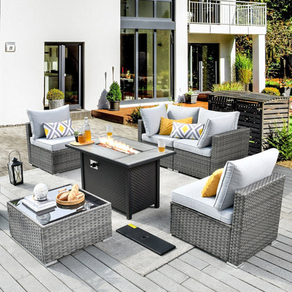 XIZZI 6-piece Patio Furniture Set Outdoor Sectional Rattan Sofa with Firepit