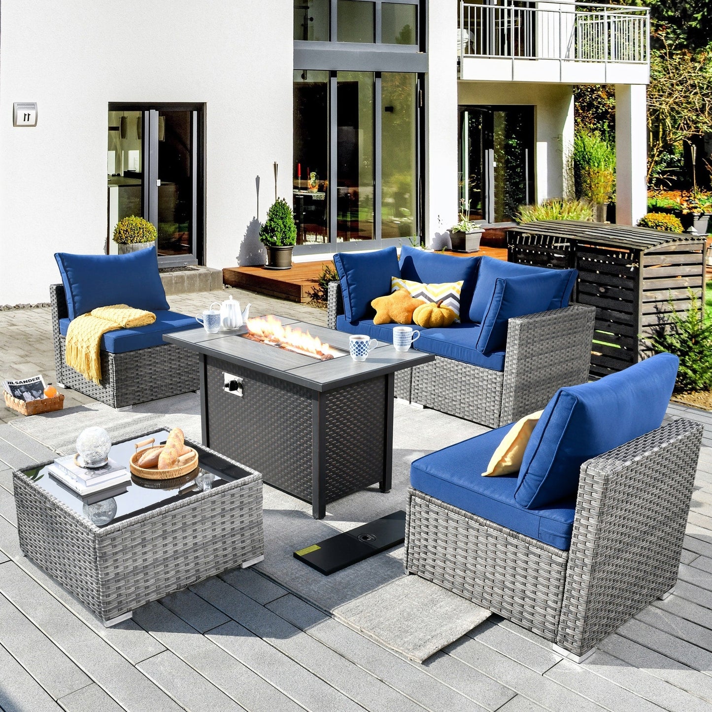 XIZZI 6-piece Patio Furniture Set Outdoor Sectional Rattan Sofa with Firepit