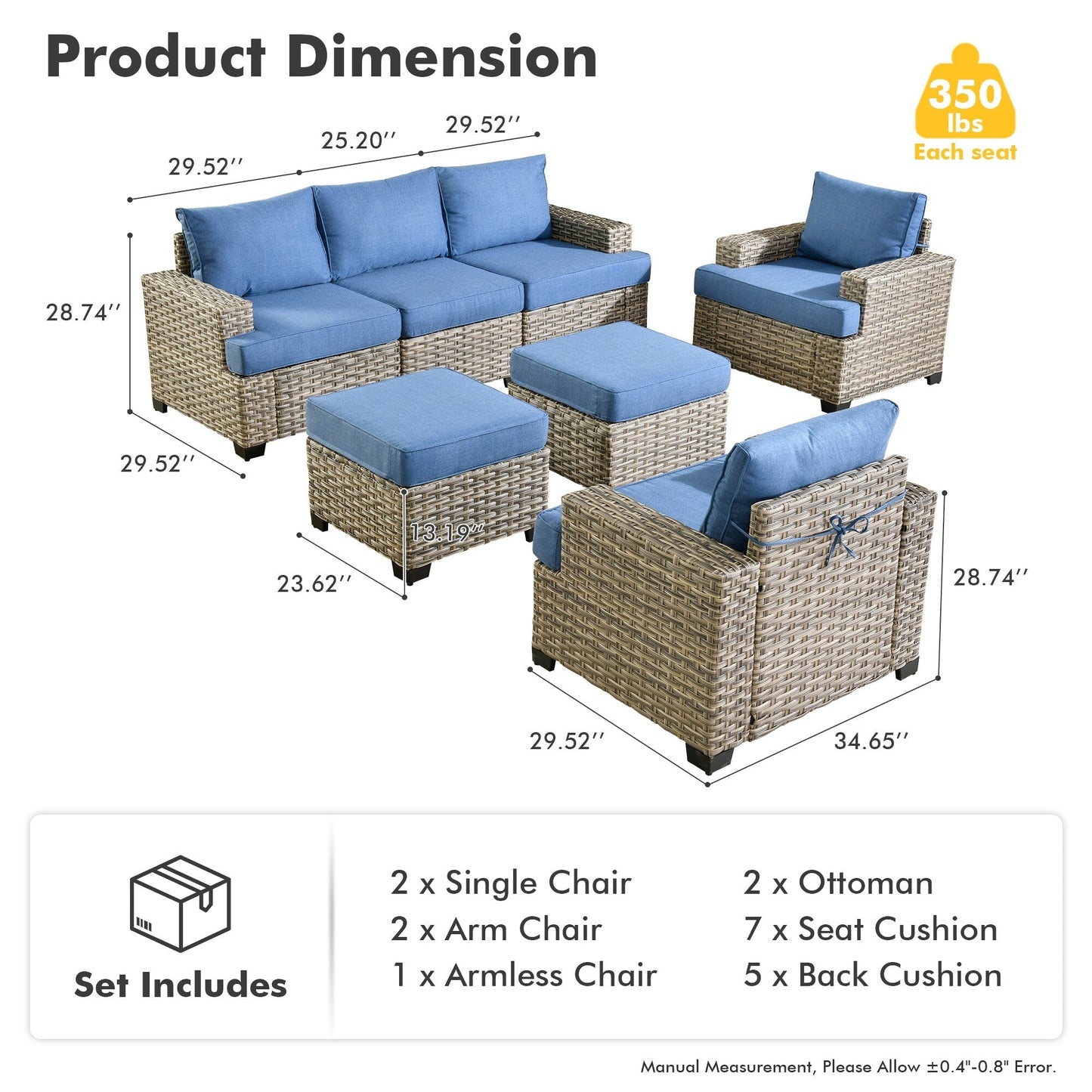 XIZZI 7 Pieces Patio Furniture Wide Armrest Conversation Sofa Set with Ottomans