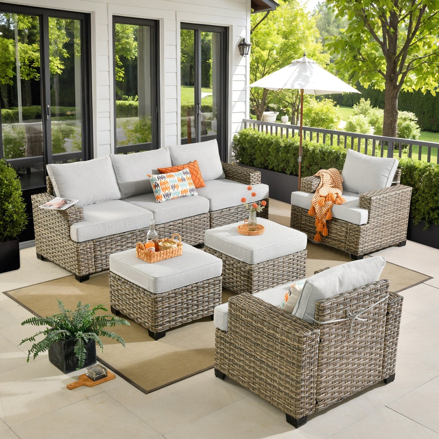 XIZZI 7 Pieces Patio Furniture Wide Armrest Conversation Sofa Set with Ottomans