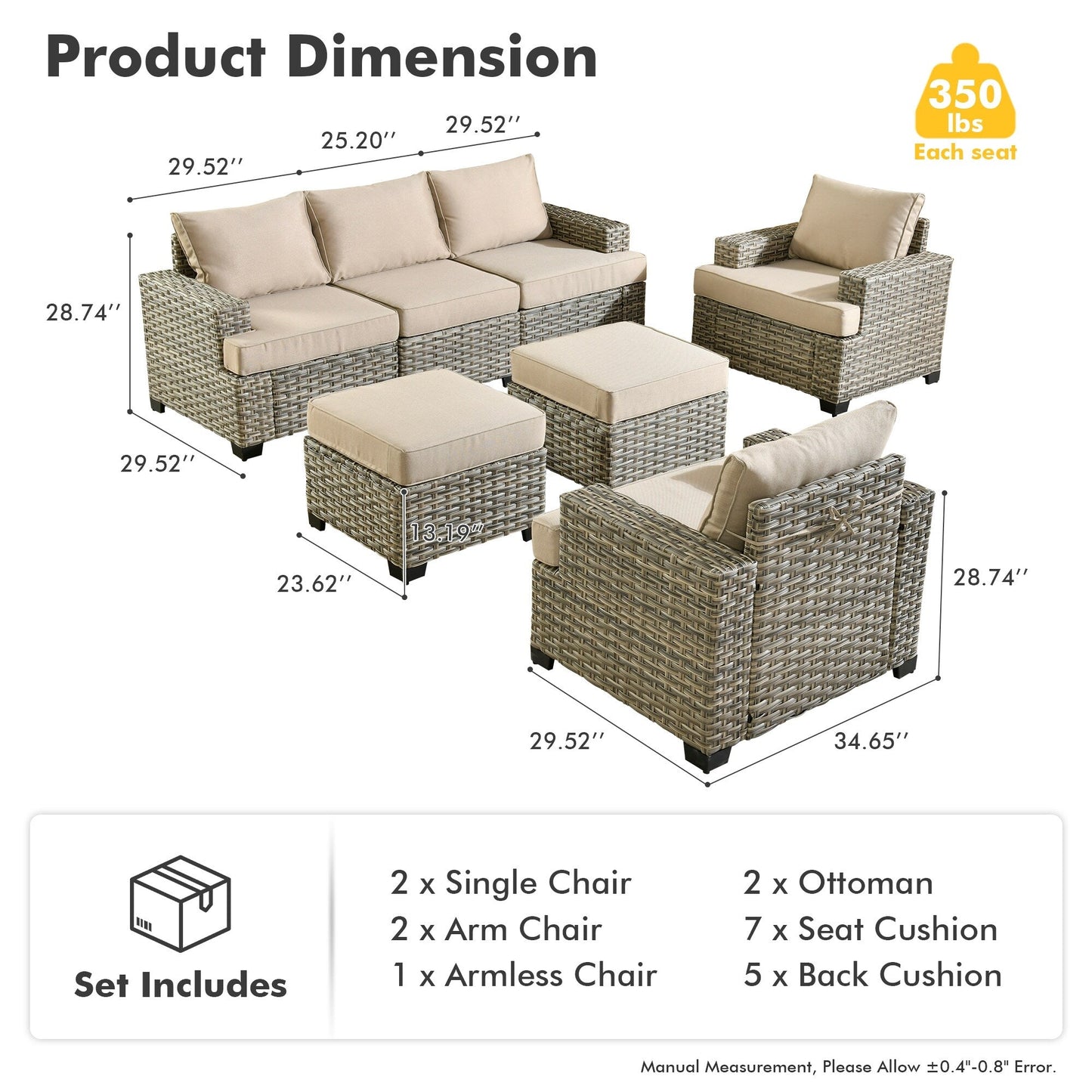 XIZZI 7 Pieces Patio Furniture Wide Armrest Conversation Sofa Set with Ottomans