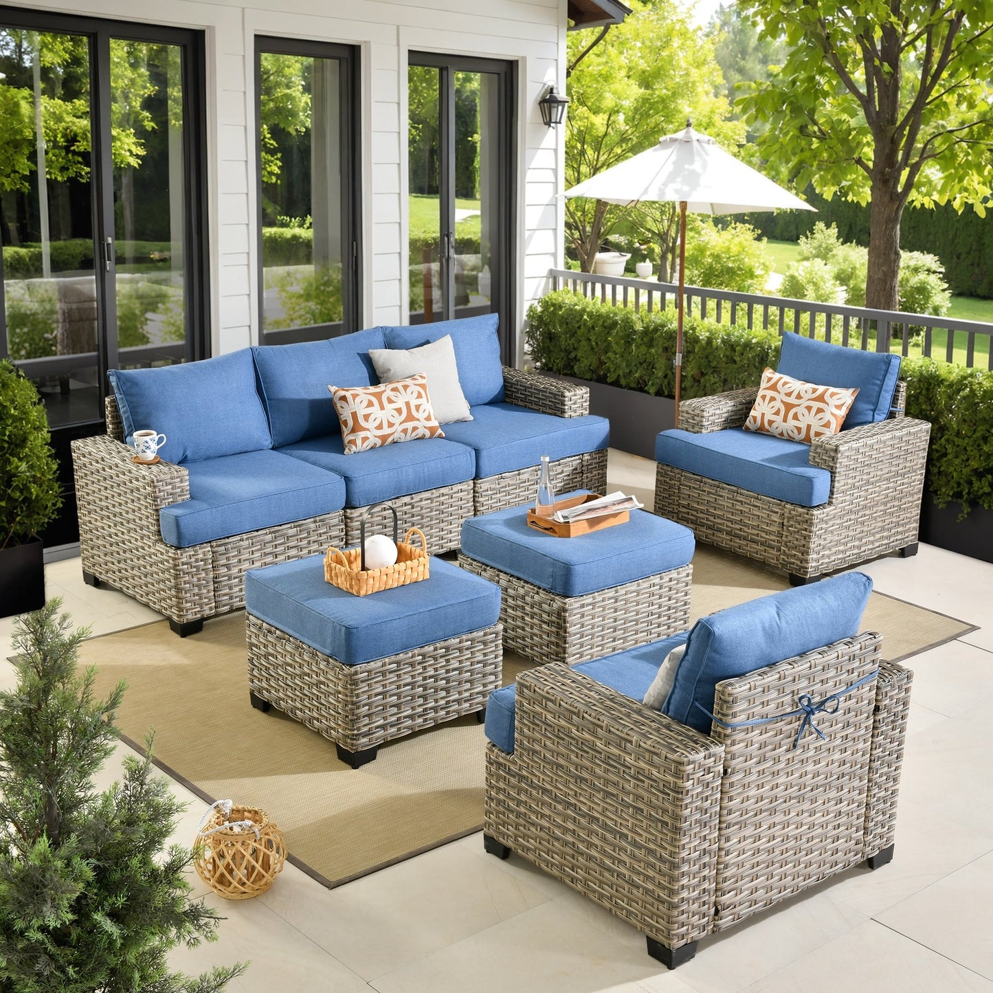 XIZZI 7 Pieces Patio Furniture Wide Armrest Conversation Sofa Set with Ottomans