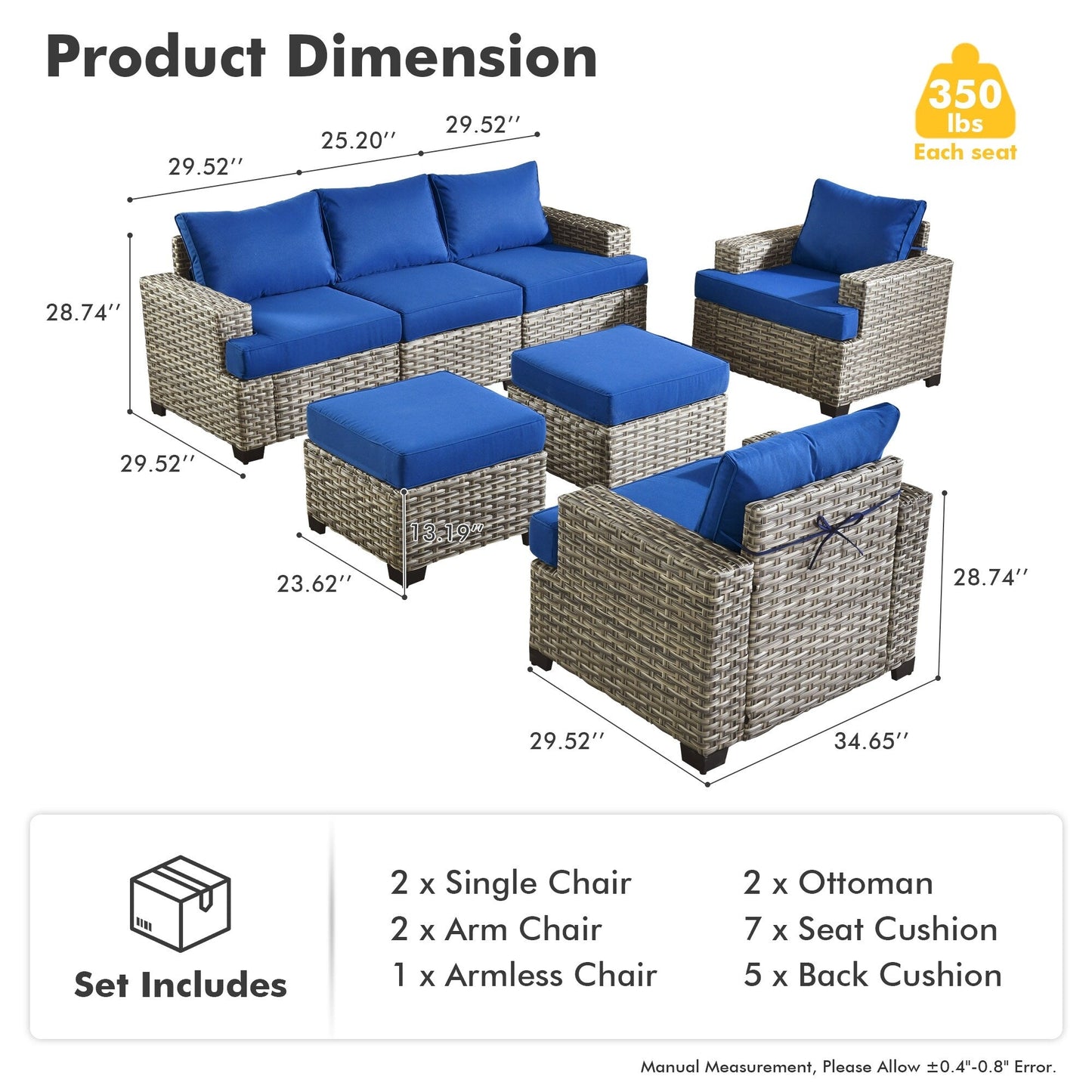XIZZI 7 Pieces Patio Furniture Wide Armrest Conversation Sofa Set with Ottomans
