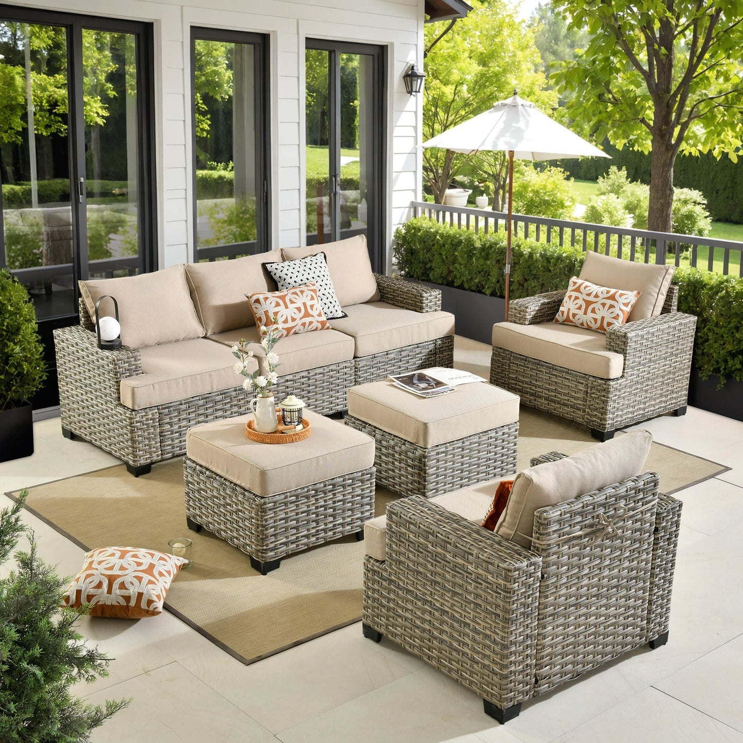 XIZZI 7 Pieces Patio Furniture Wide Armrest Conversation Sofa Set with Ottomans