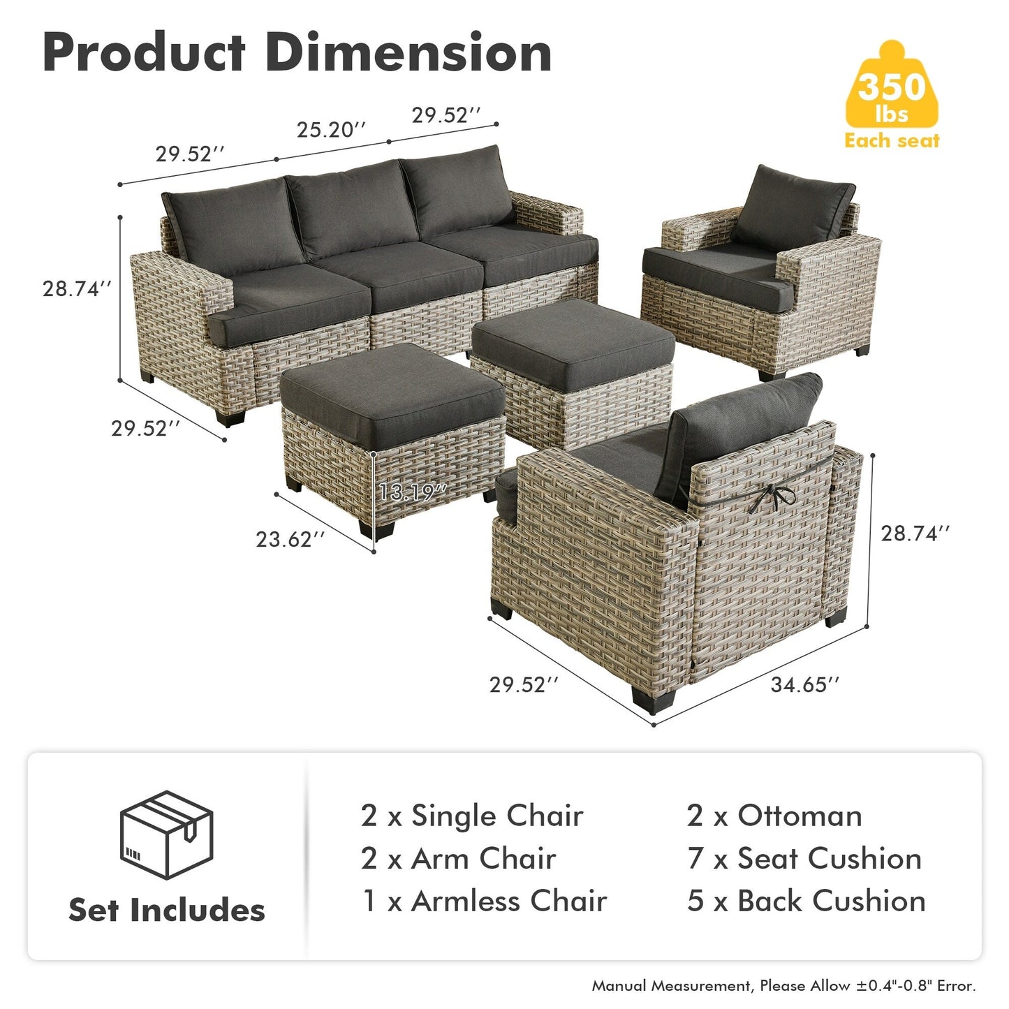 XIZZI 7 Pieces Patio Furniture Wide Armrest Conversation Sofa Set with Ottomans