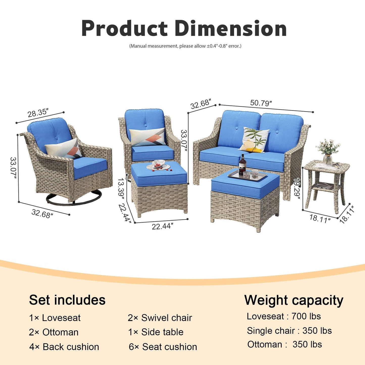 XIZZI 6-piece High-back Outdoor Seating Furniture Set with Swivel Chair