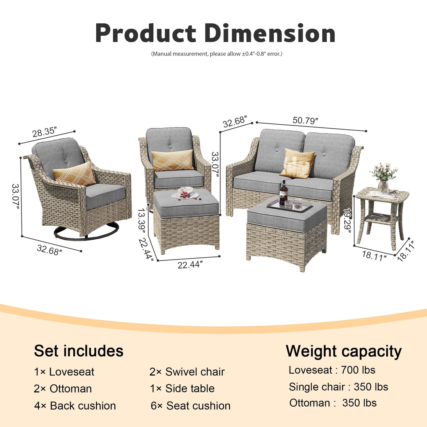 XIZZI 6-piece High-back Outdoor Seating Furniture Set with Swivel Chair