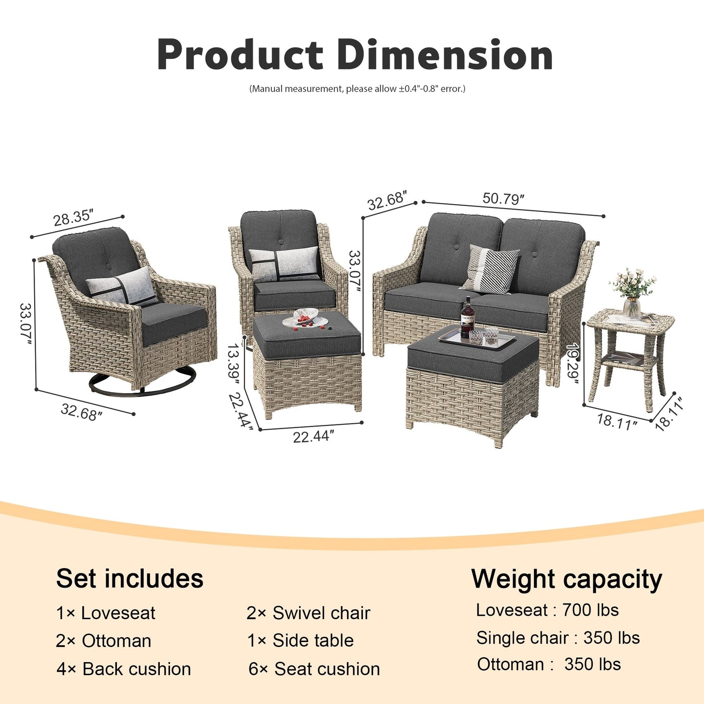 XIZZI 6-piece High-back Outdoor Seating Furniture Set with Swivel Chair
