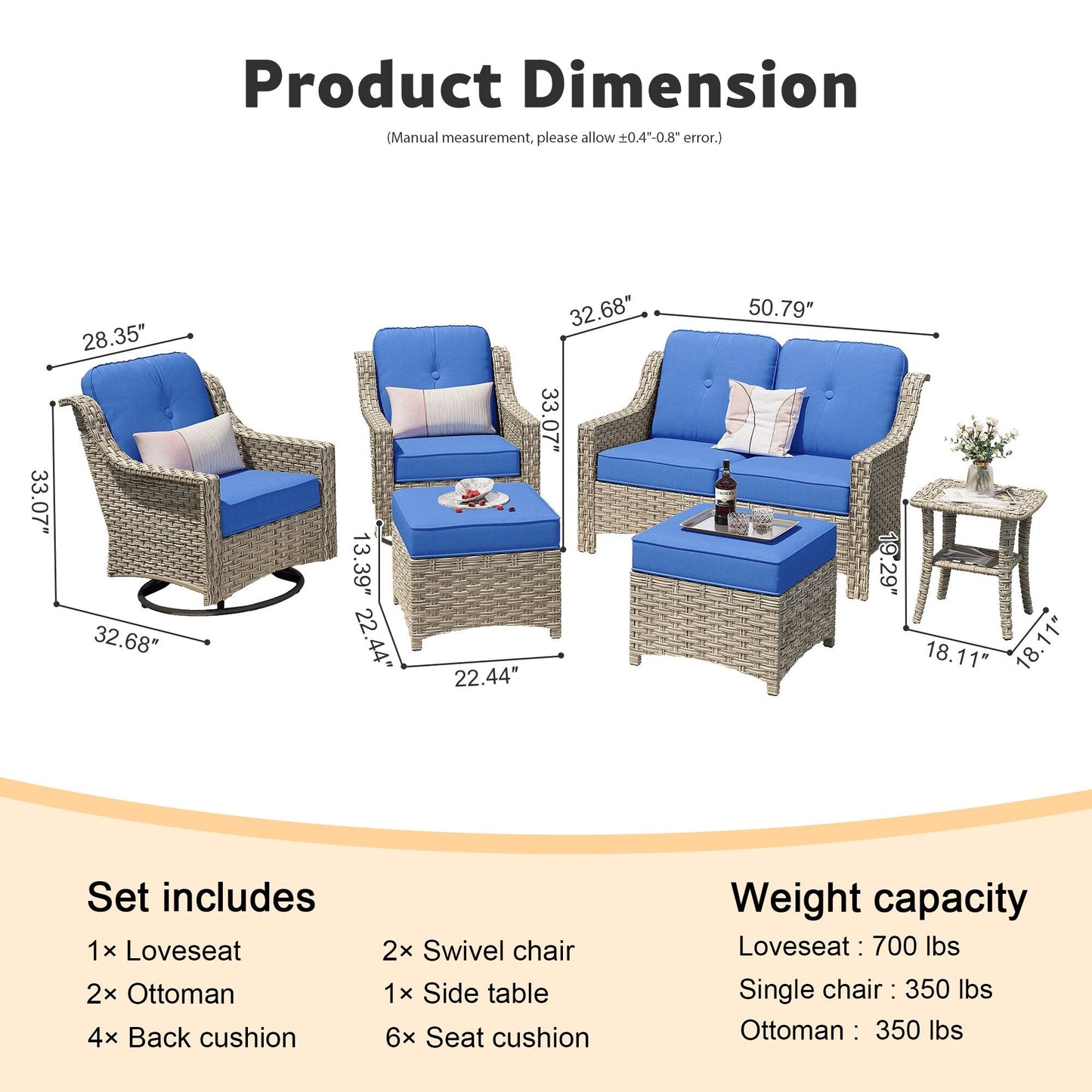 XIZZI 6-piece High-back Outdoor Seating Furniture Set with Swivel Chair