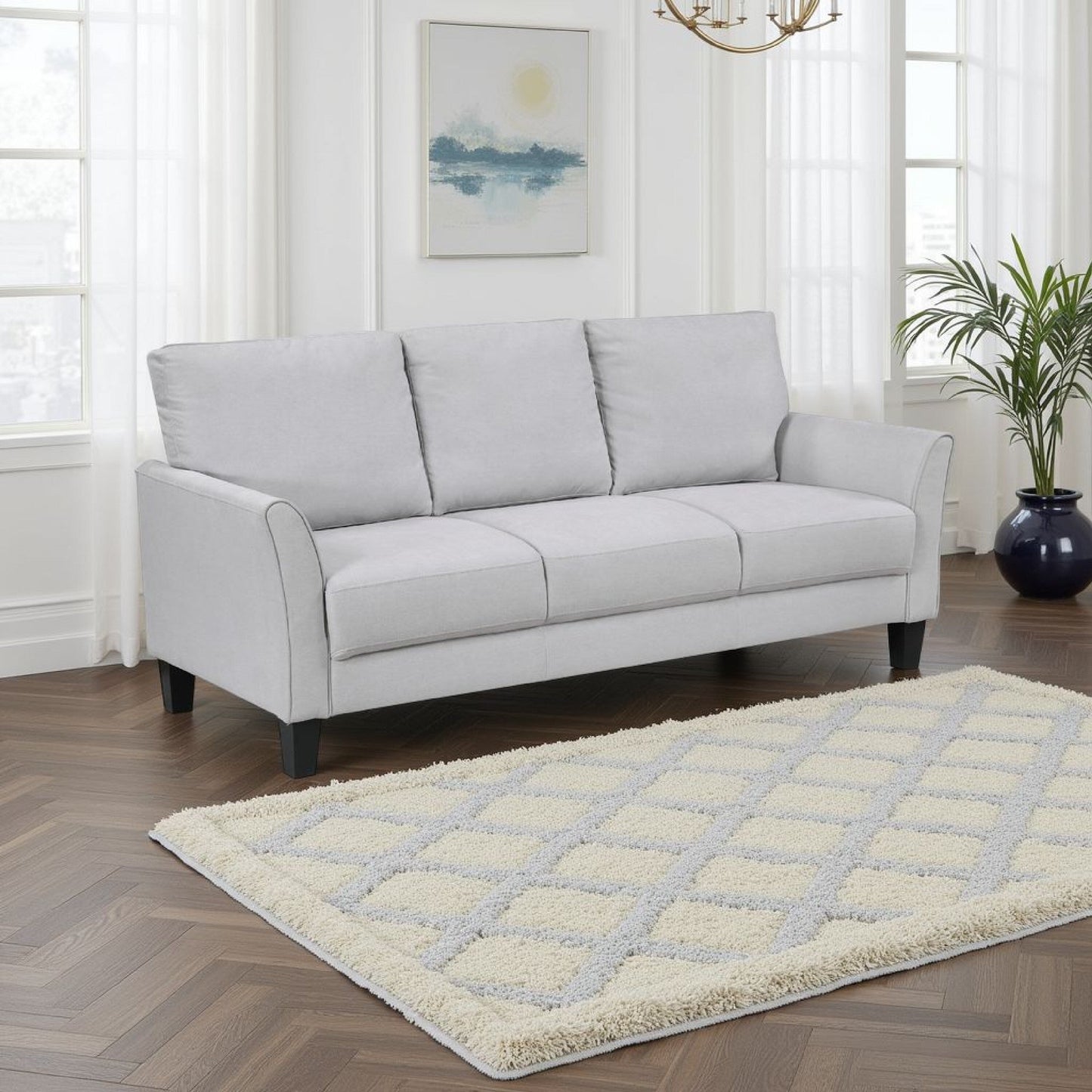 Xumo Sofa, Light Gray Fabric, 79 Inch, Black Tapered Wood Legs