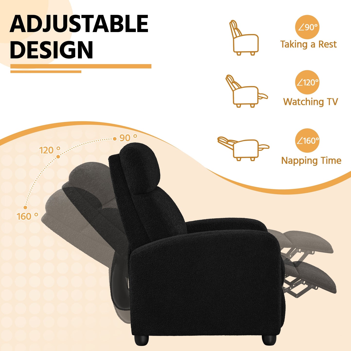 Yaheetech Upholstered Boucle Recliner Sofa Adjustable Reclining Chair, Ivory