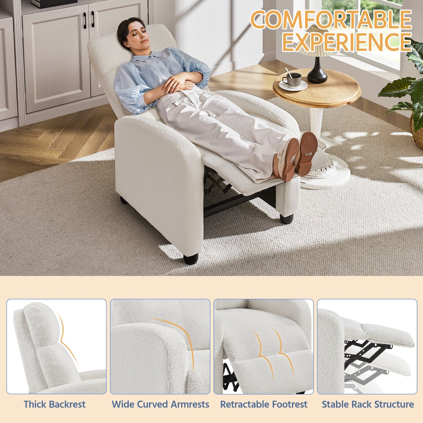 Yaheetech Upholstered Boucle Recliner Sofa Adjustable Reclining Chair, Ivory