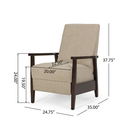 Yahya Manual Recliner Chair, Ergonomic Brown Rubberwood, Sand Beige Fabric