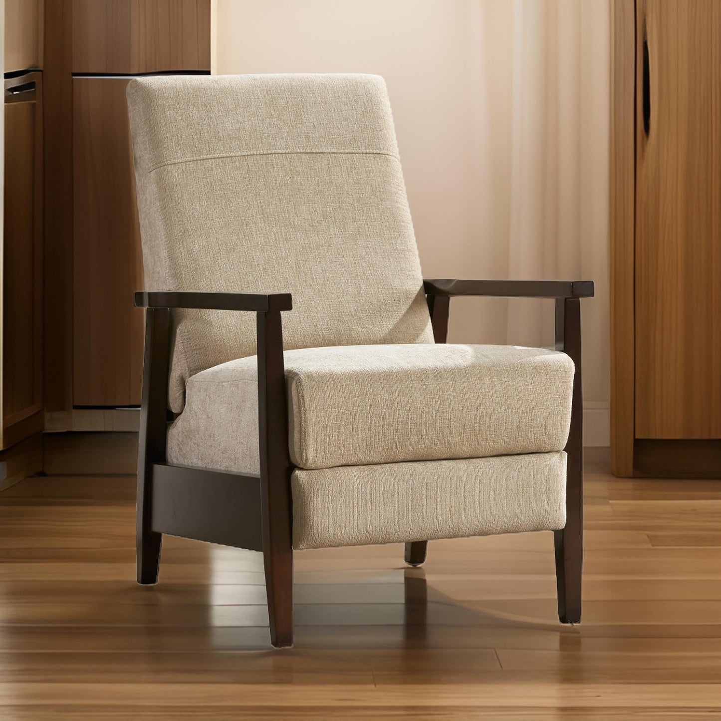 Yahya Manual Recliner Chair, Ergonomic Brown Rubberwood, Sand Beige Fabric