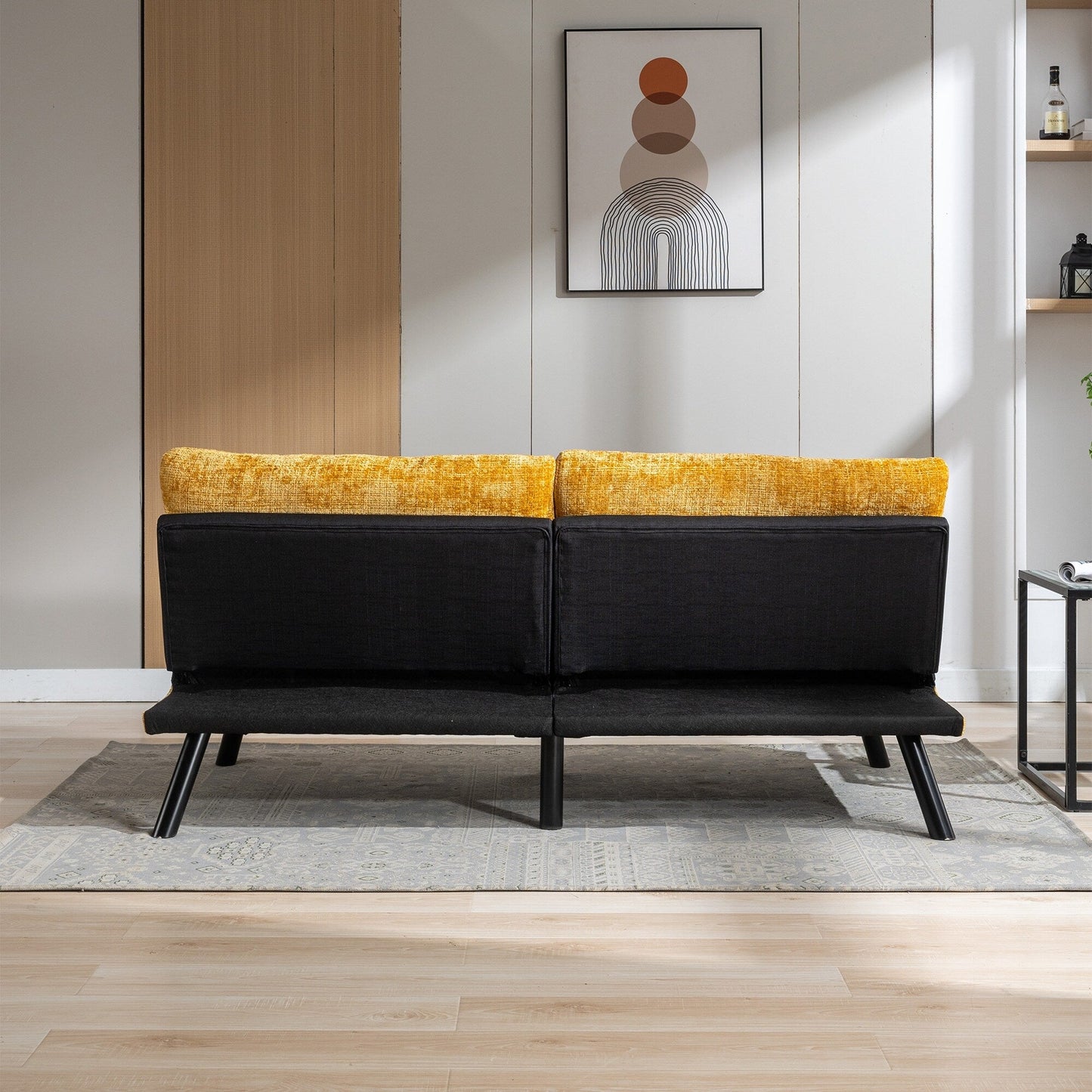 Yellow 75.6 Chenille Convertible Loveseat Futon Sofa Bed with Metal Legs for Living Room