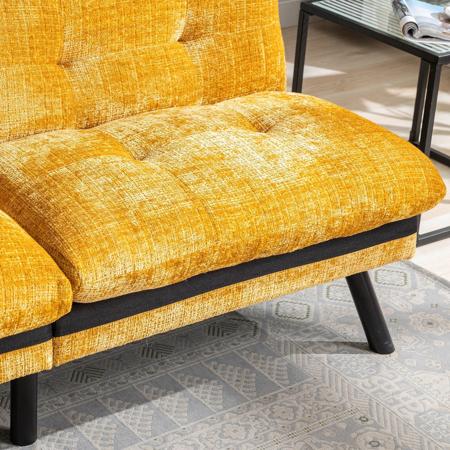 Yellow 75.6 Chenille Convertible Loveseat Futon Sofa Bed with Metal Legs for Living Room