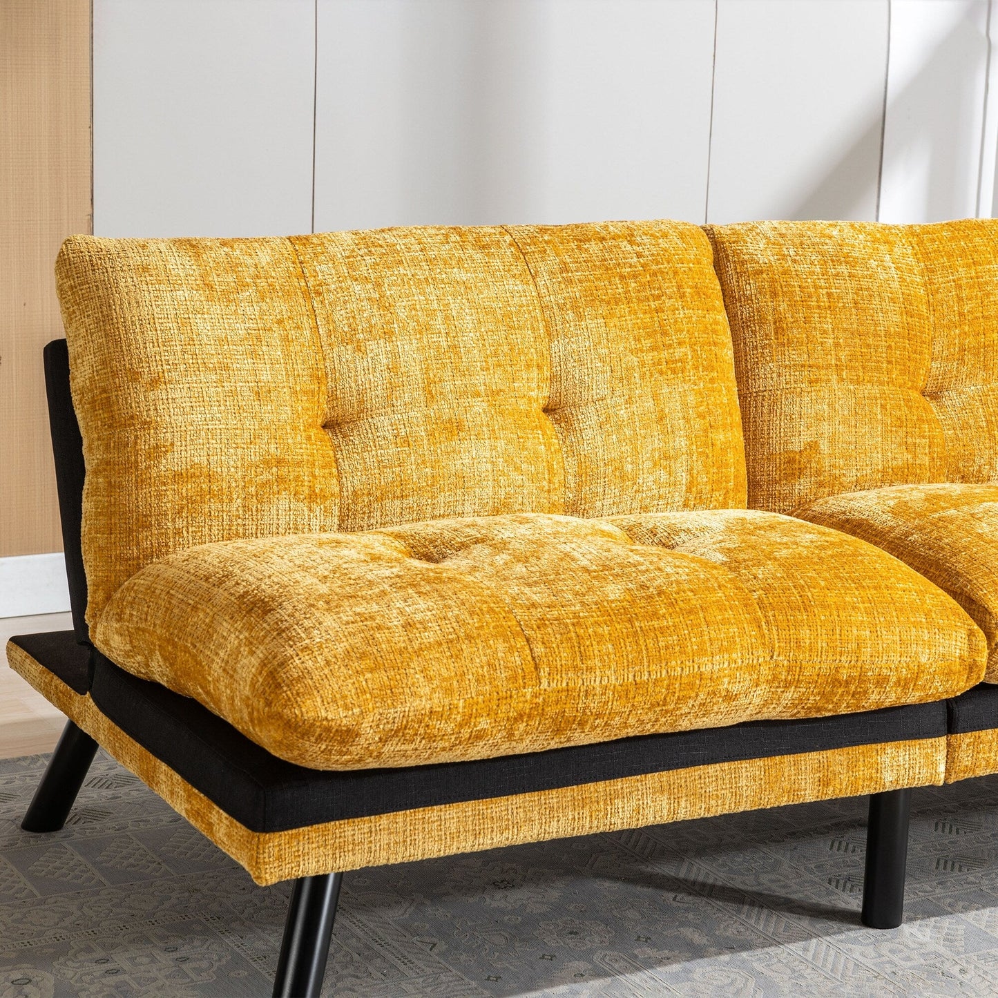 Yellow 75.6 Chenille Convertible Loveseat Futon Sofa Bed with Metal Legs for Living Room