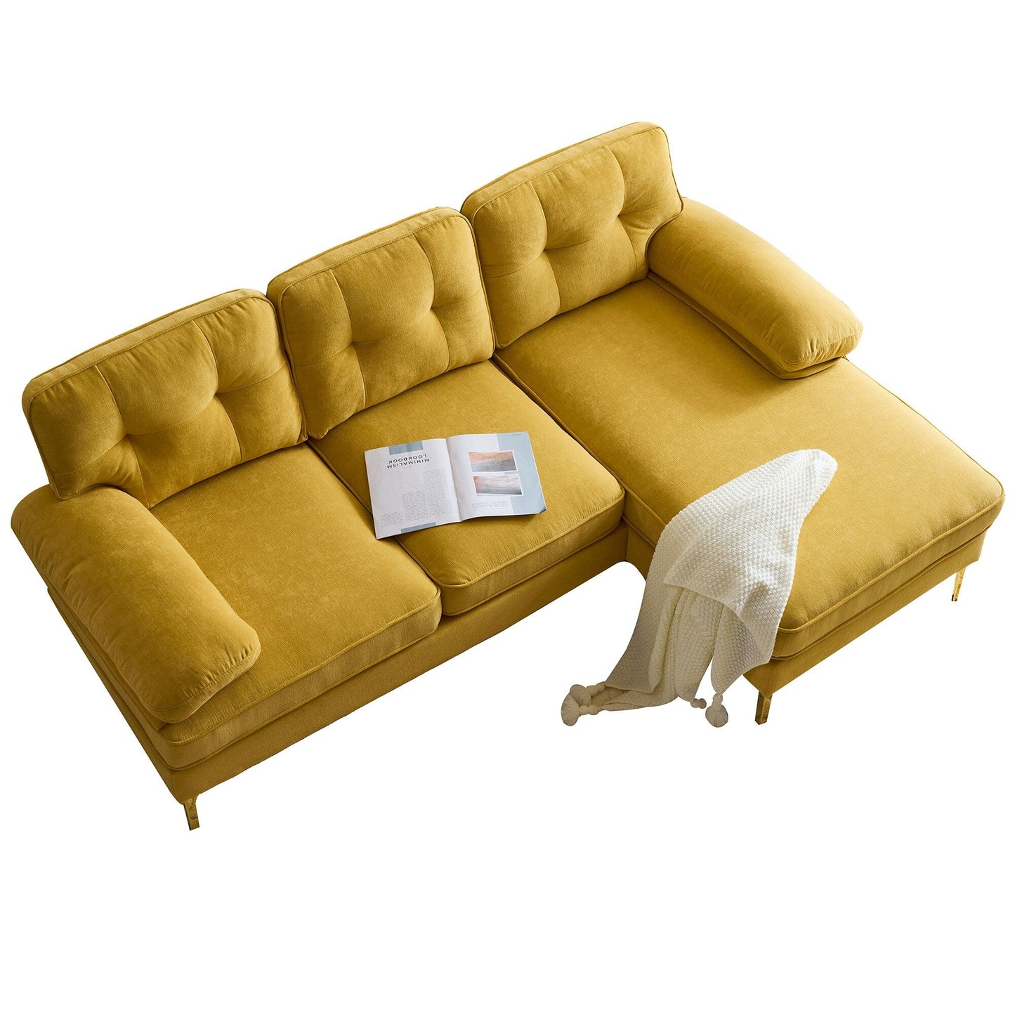 Yellow 83'' L-Shaped Velvet 3-Seater Sectional Sofa with Loose Backrests, Armrests, and Metal Legs
