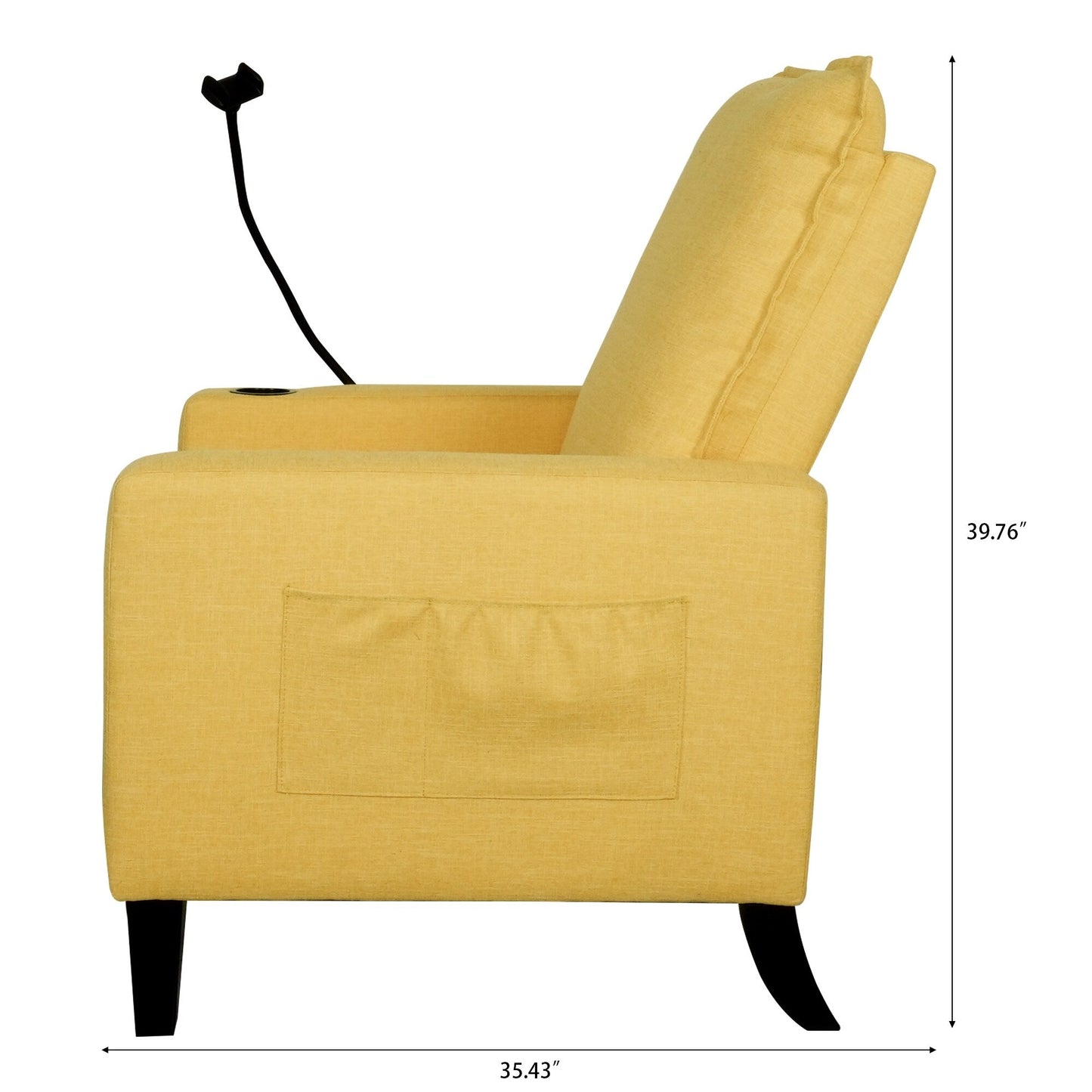 Yellow Modern Fabric Manual Adjustable Recliner Chair with Mobile Phone Holder, Cup Holder, and Footrest