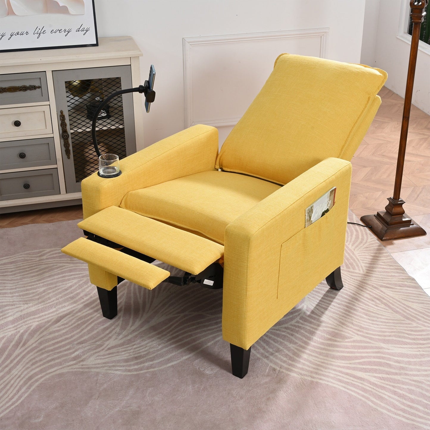 Yellow Modern Fabric Manual Adjustable Recliner Chair with Mobile Phone Holder, Cup Holder, and Footrest