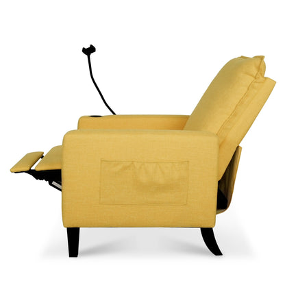 Yellow Modern Fabric Manual Adjustable Recliner Chair with Mobile Phone Holder, Cup Holder, and Footrest