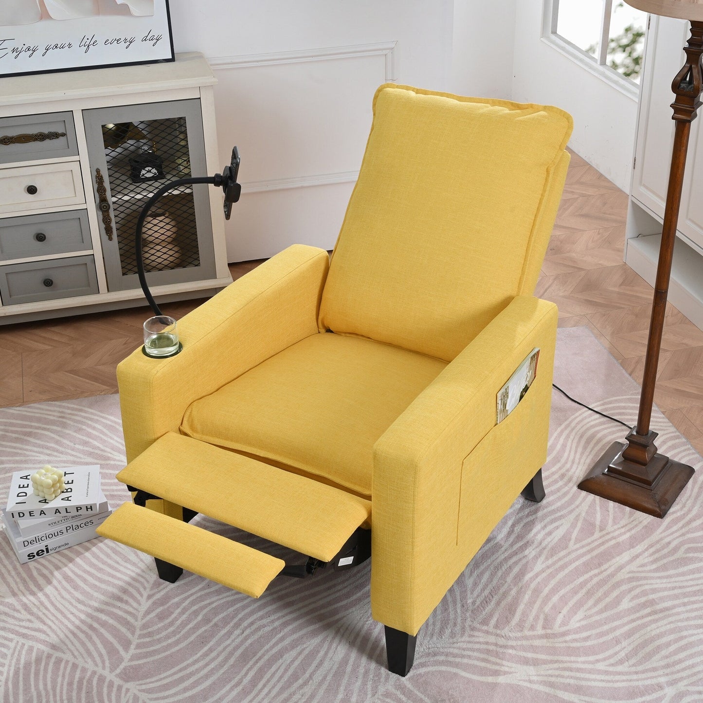 Yellow Modern Fabric Manual Adjustable Recliner Chair with Mobile Phone Holder, Cup Holder, and Footrest