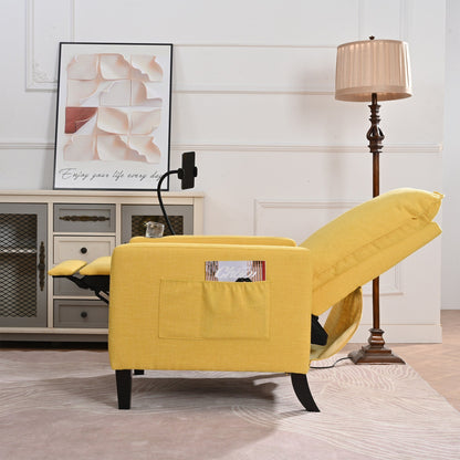 Yellow Modern Fabric Manual Adjustable Recliner Chair with Mobile Phone Holder, Cup Holder, and Footrest