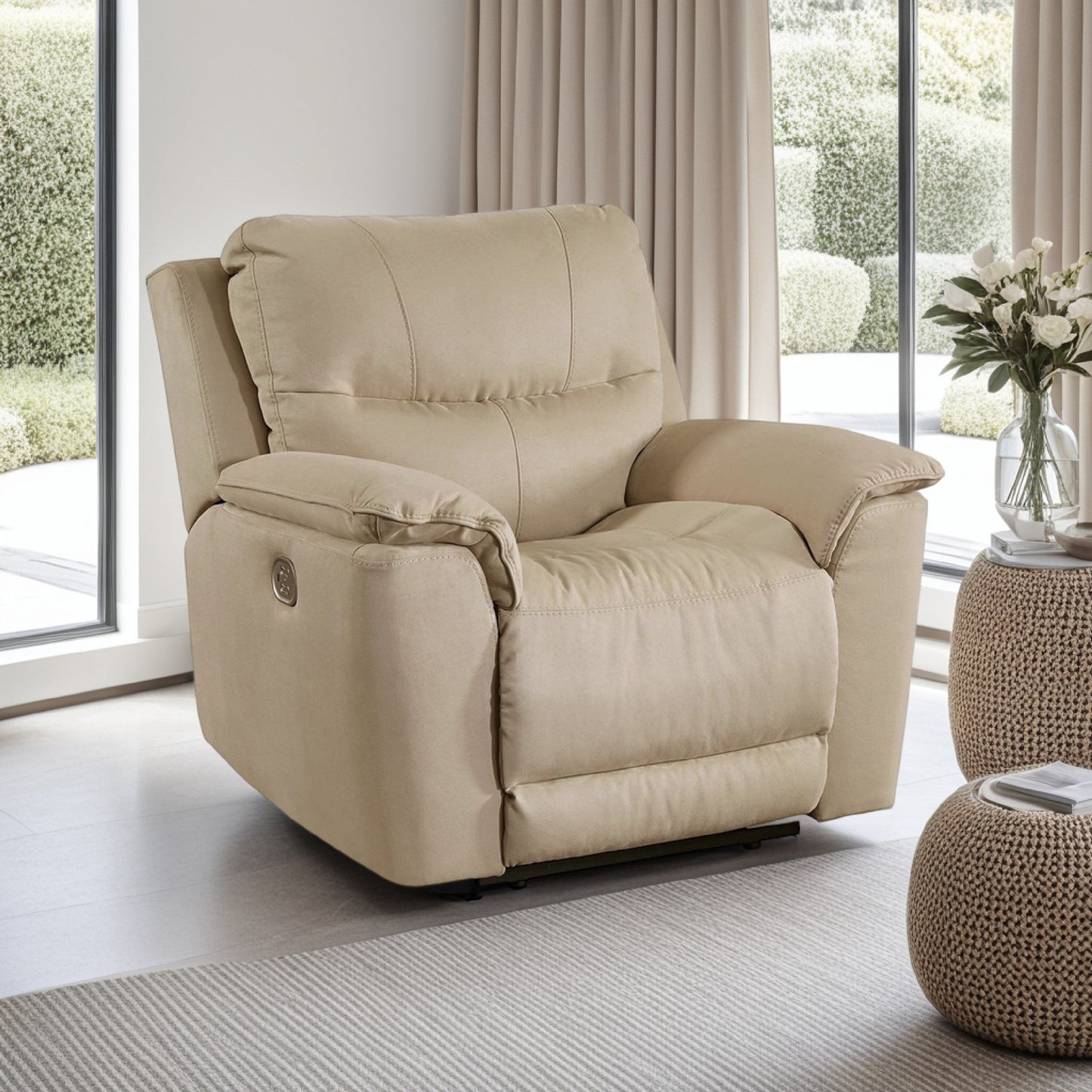 Zane Power Recliner Sofa Chair, USB Port, 91 Inch, Beige Faux Nubuck Suede