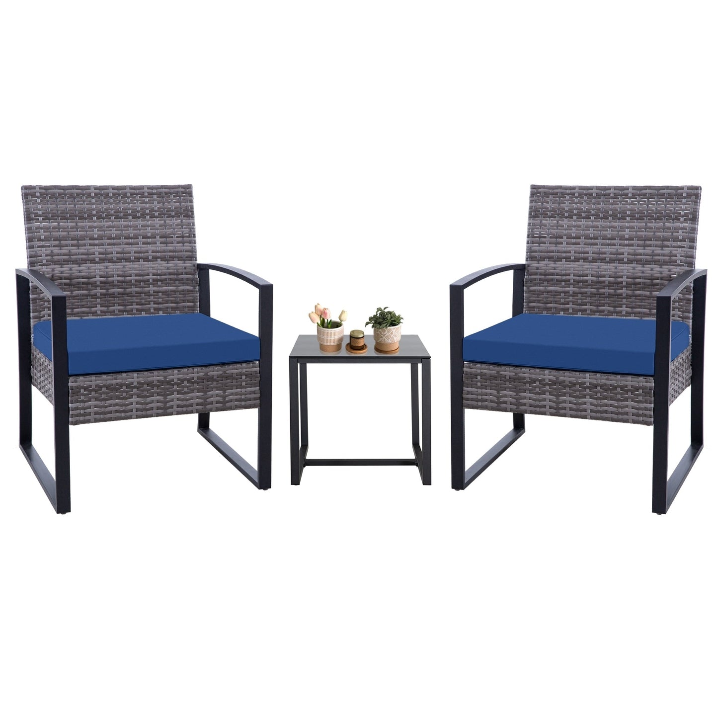 Zenova 3 Piece Outdoor Patio Convensation Set, Wicker Table and Chairs Set of 2, All-Weather Rattan Balcony Furniture Set