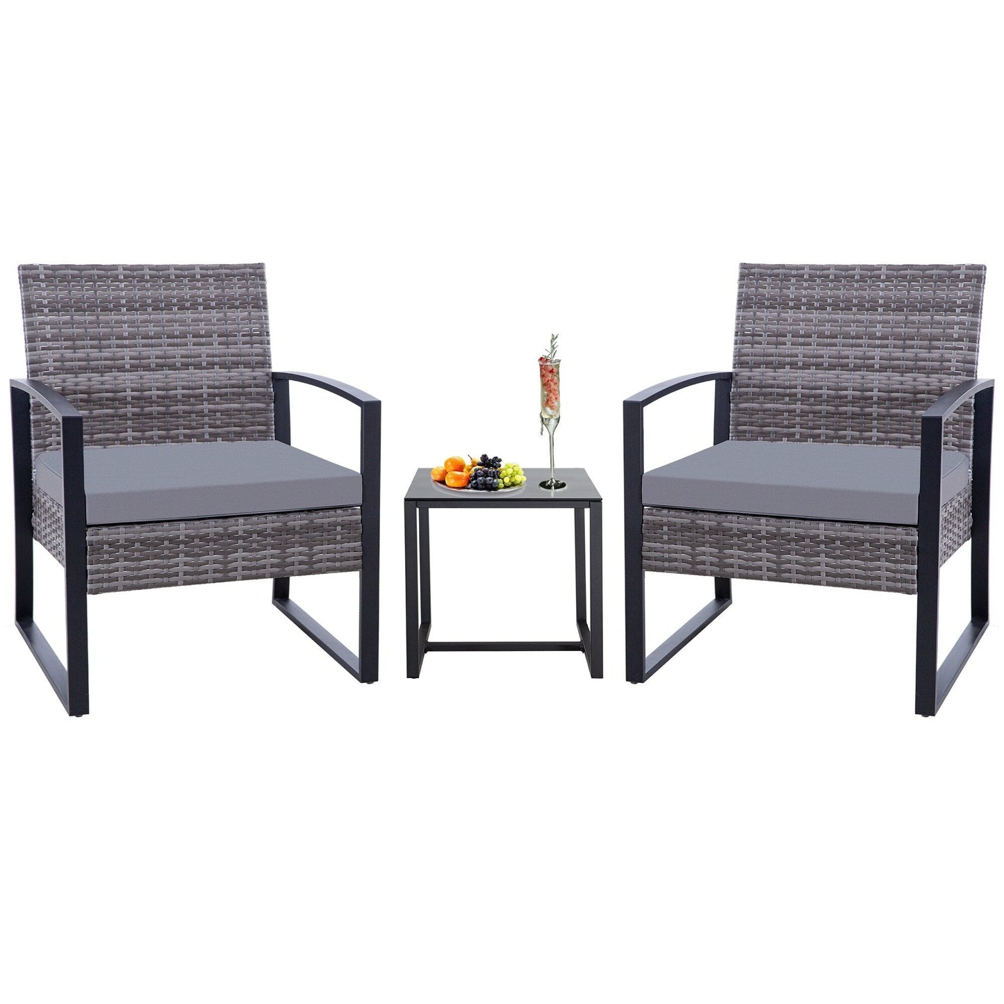 Zenova 3 Piece Outdoor Patio Convensation Set, Wicker Table and Chairs Set of 2, All-Weather Rattan Balcony Furniture Set