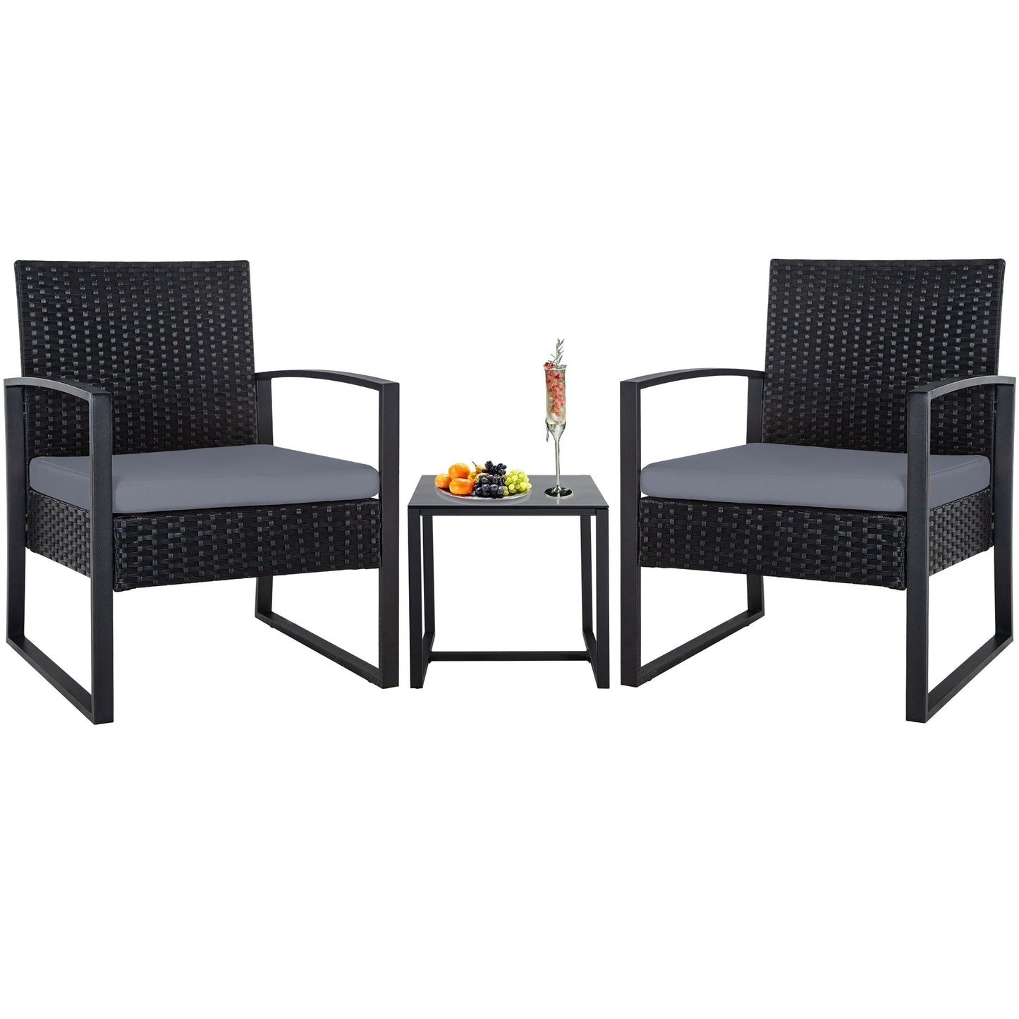 Zenova 3 Piece Outdoor Patio Convensation Set, Wicker Table and Chairs Set of 2, All-Weather Rattan Balcony Furniture Set