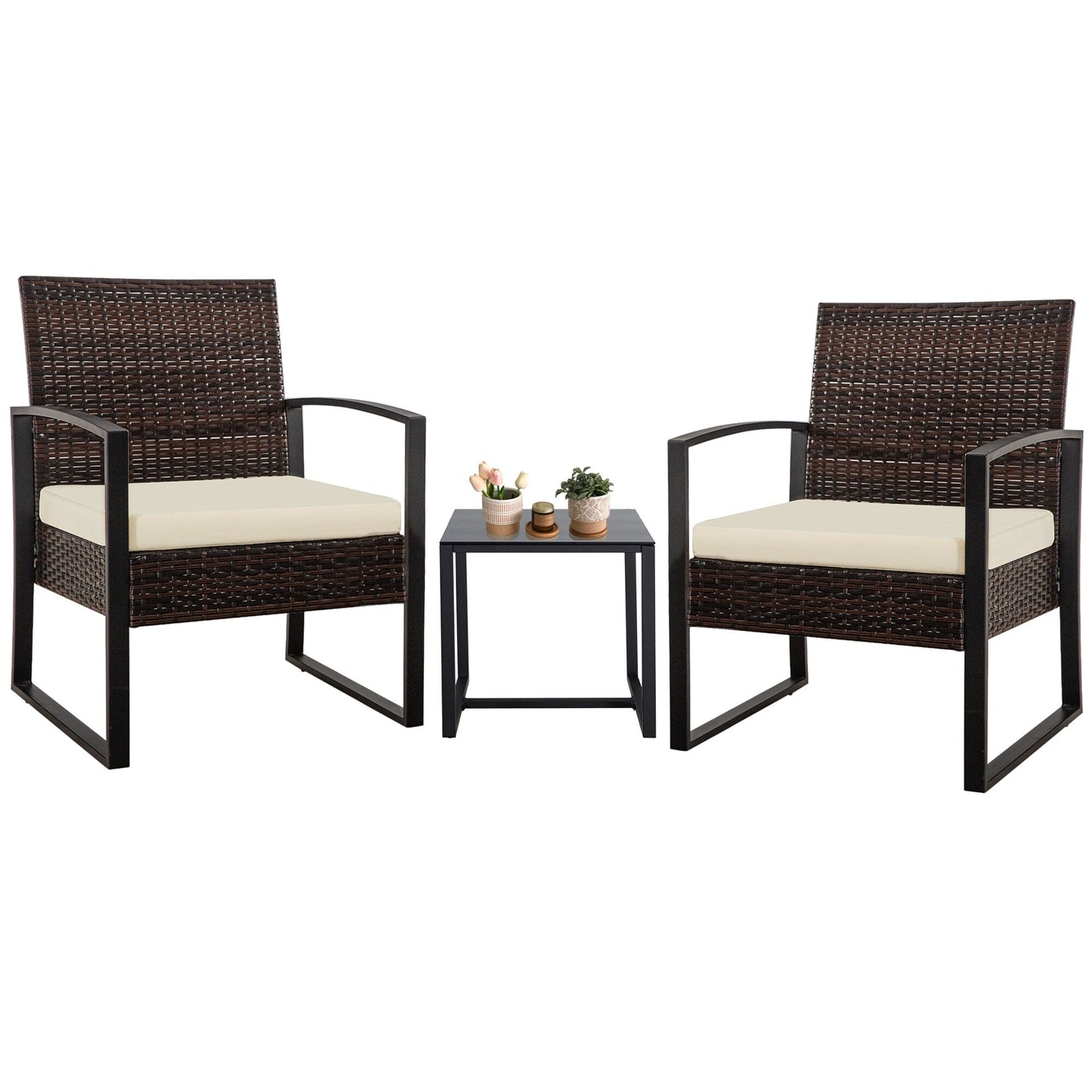 Zenova 3 Piece Outdoor Patio Convensation Set, Wicker Table and Chairs Set of 2, All-Weather Rattan Balcony Furniture Set