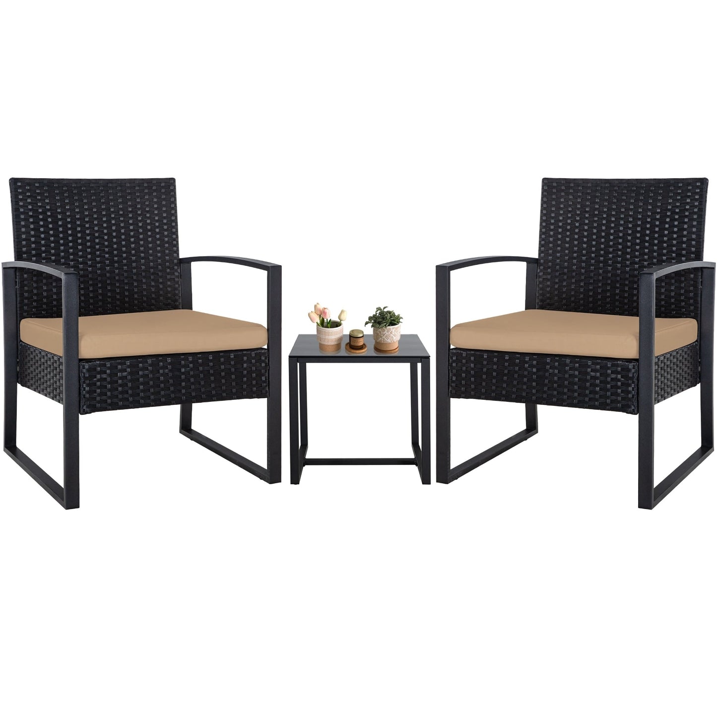 Zenova 3 Piece Outdoor Patio Convensation Set, Wicker Table and Chairs Set of 2, All-Weather Rattan Balcony Furniture Set