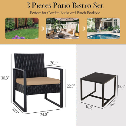 Zenova 3 Piece Outdoor Patio Convensation Set, Wicker Table and Chairs Set of 2, All-Weather Rattan Balcony Furniture Set