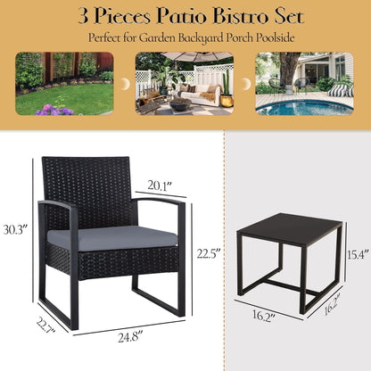 Zenova 3 Piece Outdoor Patio Convensation Set, Wicker Table and Chairs Set of 2, All-Weather Rattan Balcony Furniture Set