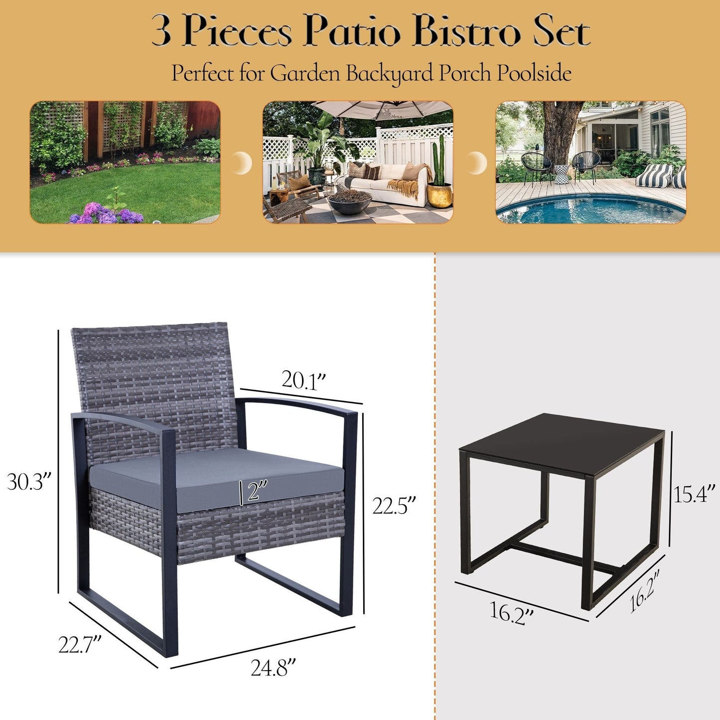 Zenova 3 Piece Outdoor Patio Convensation Set, Wicker Table and Chairs Set of 2, All-Weather Rattan Balcony Furniture Set