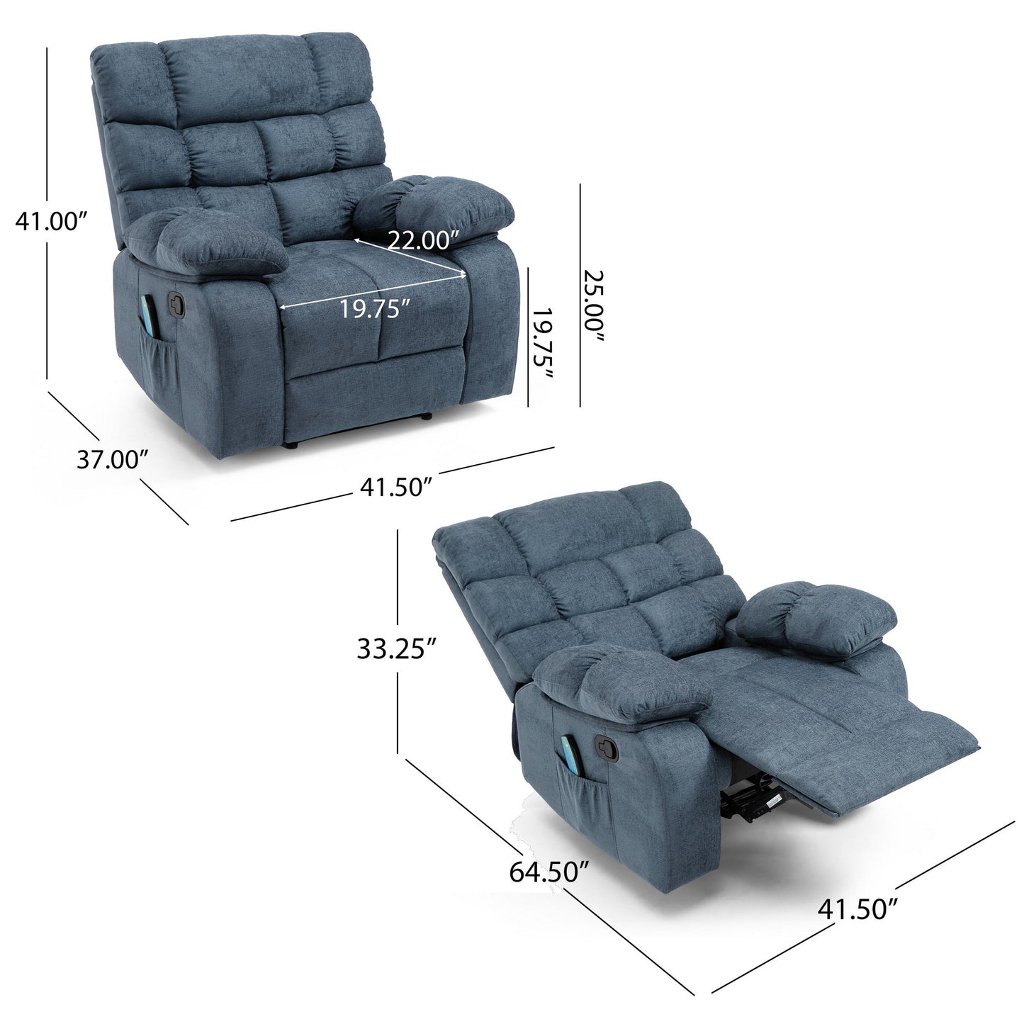Zoi Power Recliner Chair, 5 Massage Modes, Pillow Tufted Gray Fabric