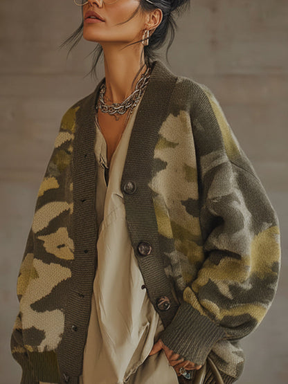 Olive Green Oversized Camouflage Knit Button Down Cardigan