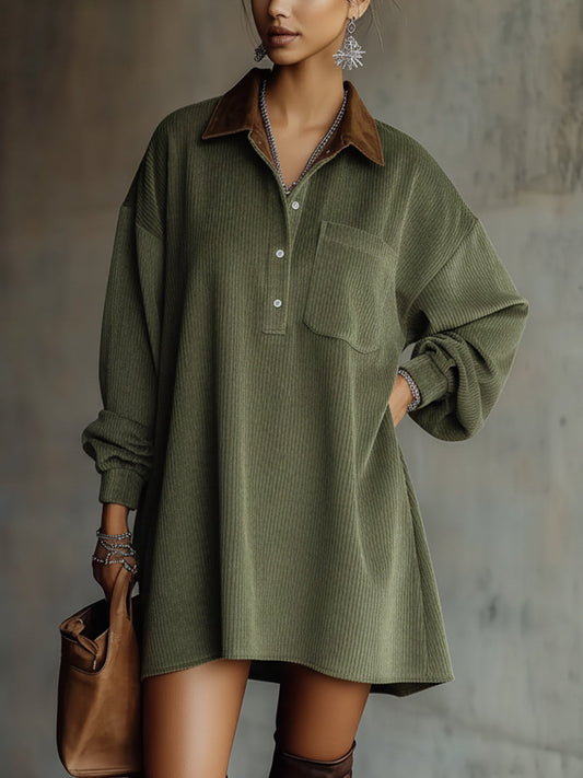 Green Corduroy Mini Dress With Brown Collar Detail