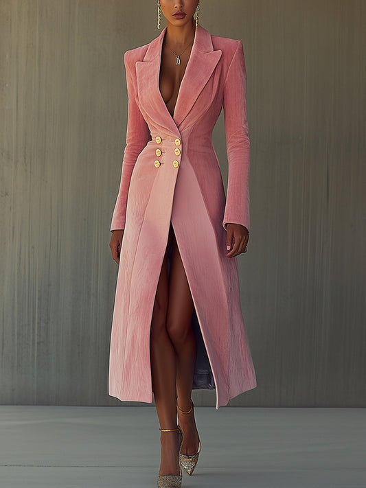 Pink Velvet And Gold Double-breasted Long Coat