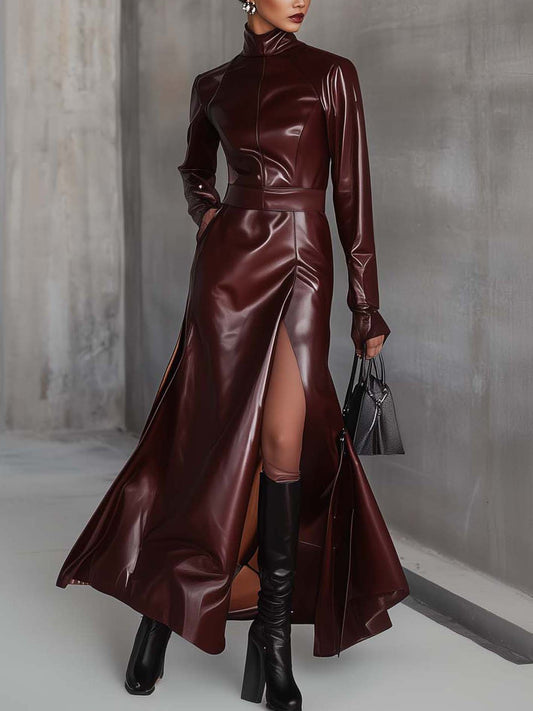 Burgundy Faux Leather Maxi Dress With High Collar And Side Slits