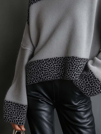 Gray Sweater With Leopard Print And High Neckline
