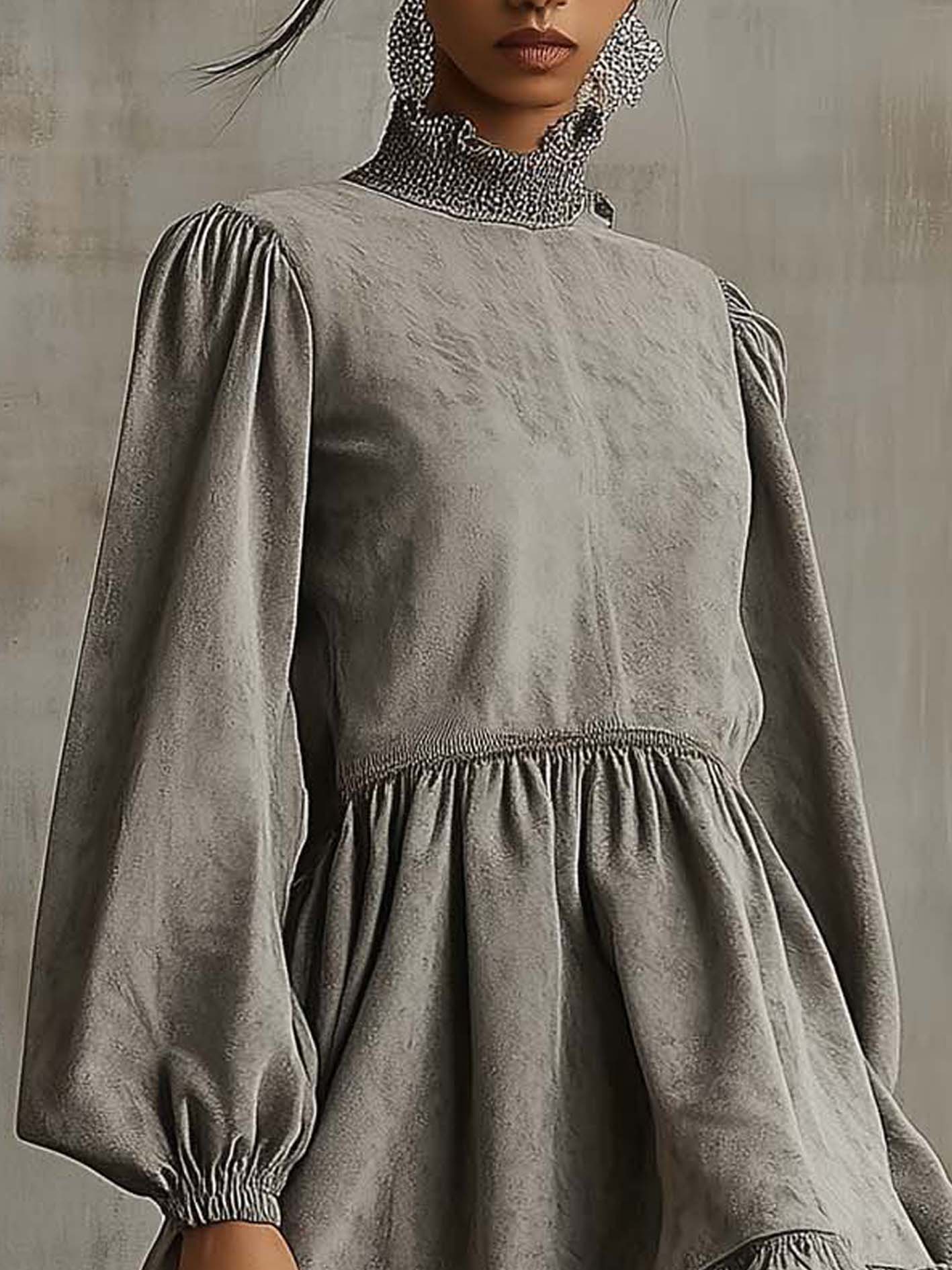 Gray Faux Suede Mini Dress With Ruffled Panels