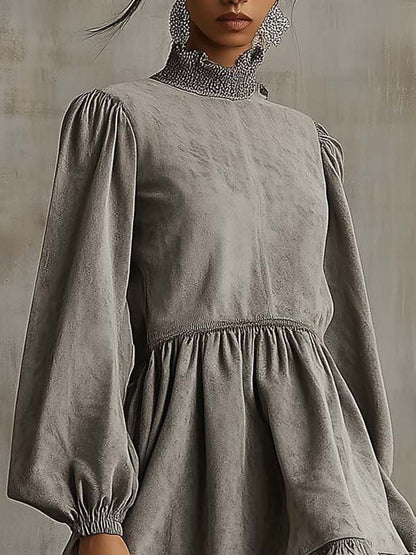 Gray Faux Suede Mini Dress With Ruffled Panels