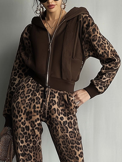 Brown Hooded Sweatshirt Jumpsuit With Leopard Print