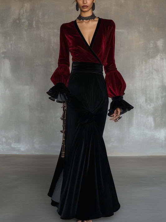 Black V-neck Velvet Maxi Dress With Red And Lace